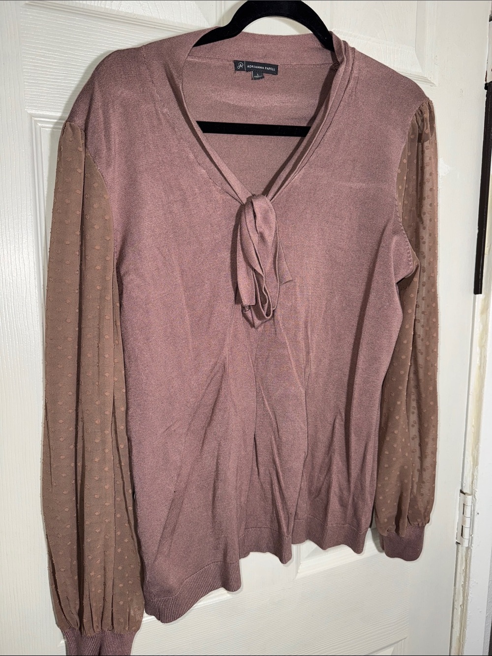 Adrianna Papell Mauve Pink Tie-Neck Blouse with Sheer Dot Sleeves